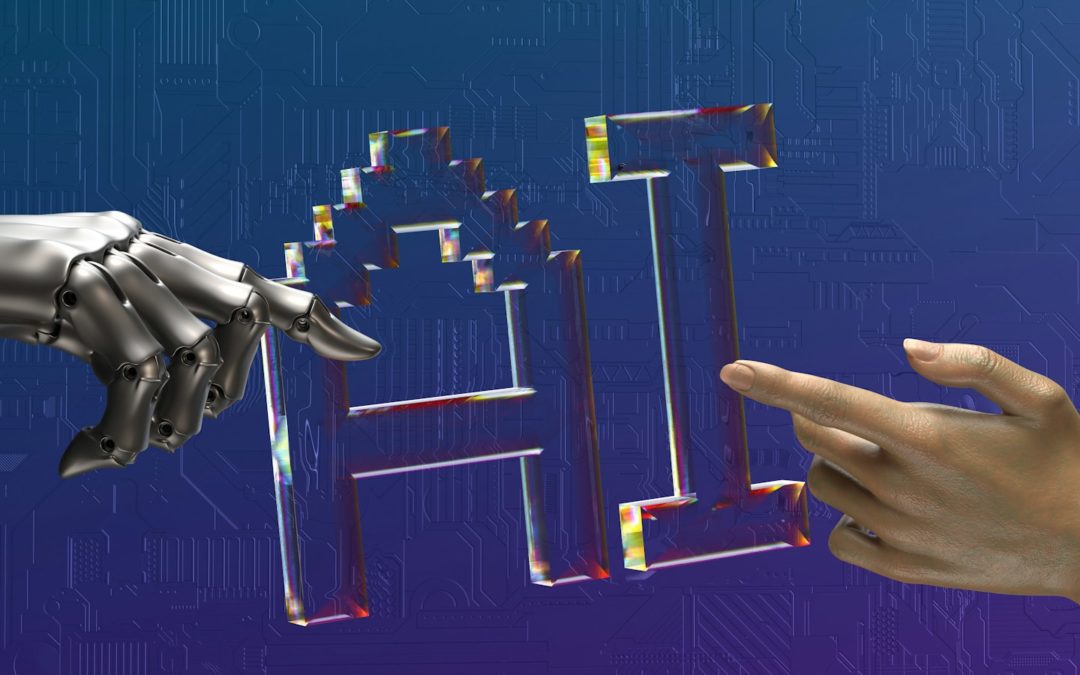 人類與機器手臂伸向 AI 字樣